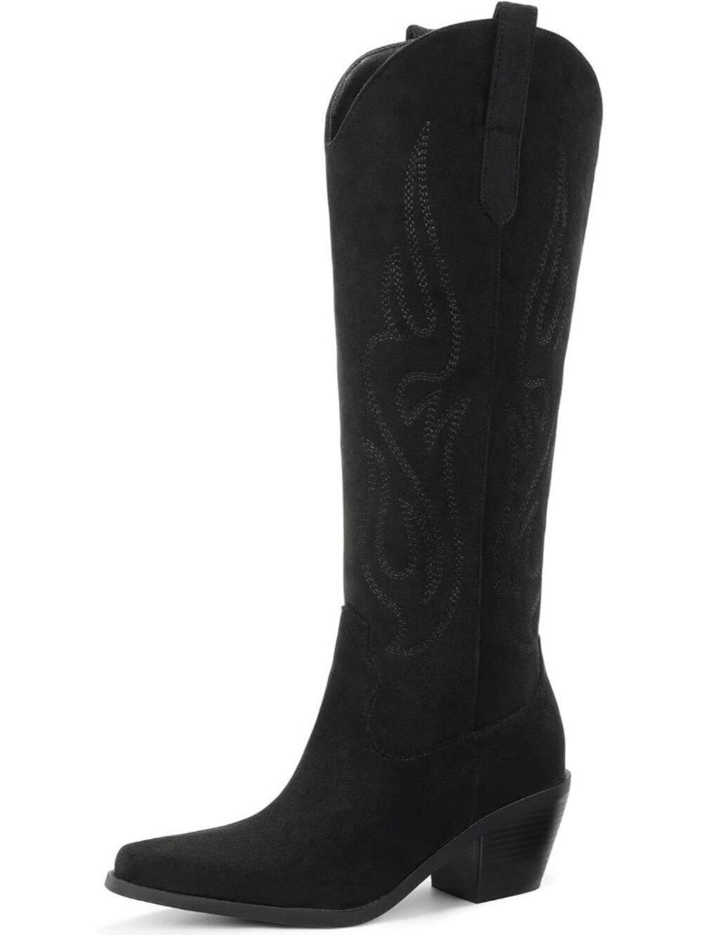 Women's Black Suede Knee High Wide Calf Cowboy Boots, Pointed Toe Chunky Heel